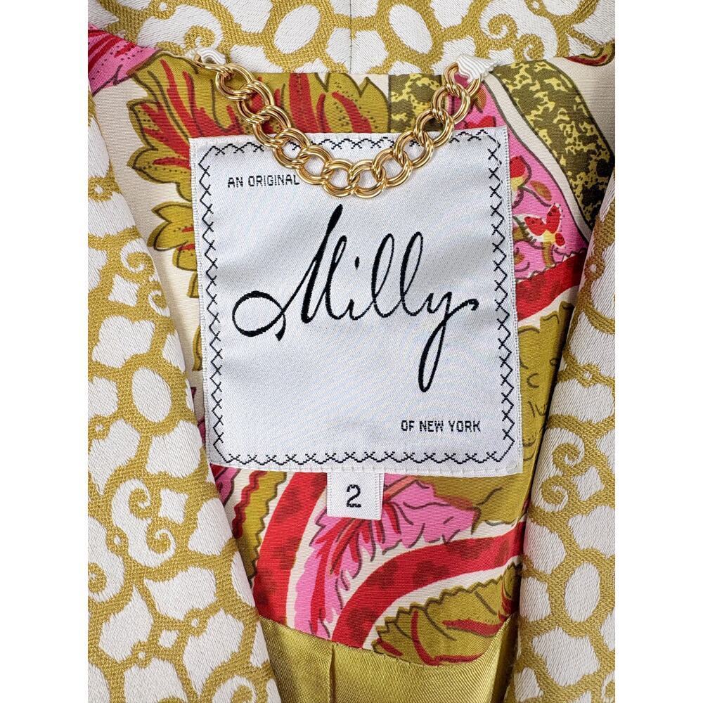 Milly Geometric Print Blazer Gold Rope Button Silk Lined Elbow Sleeve Jacket 2 - Picture 2 of 14